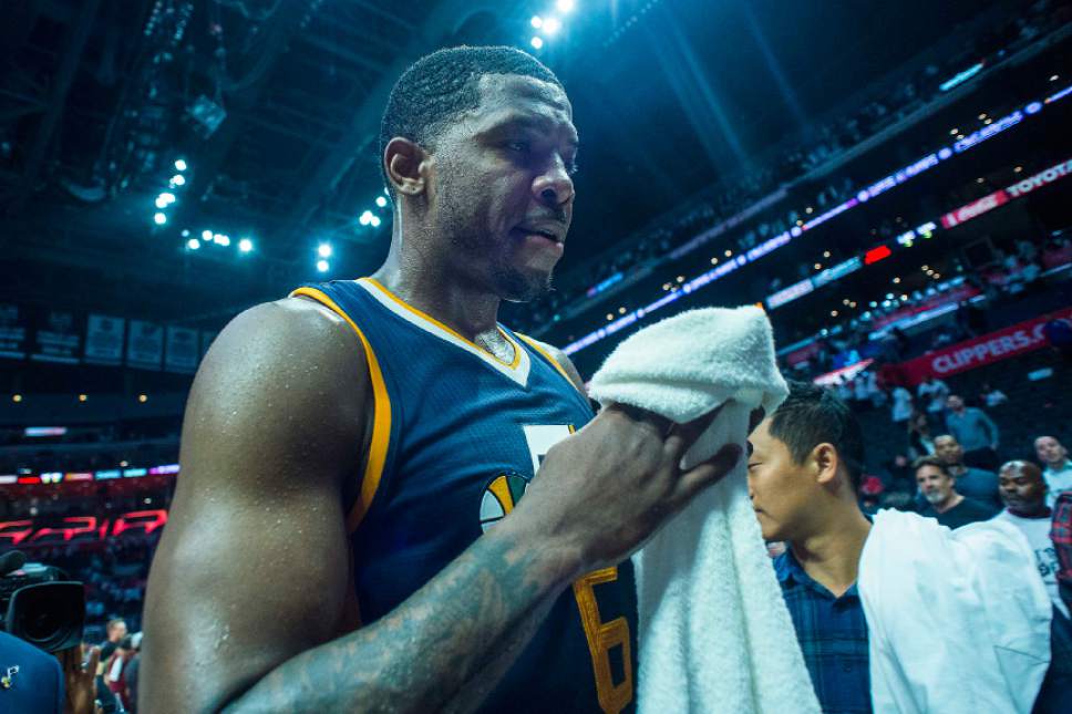Chris Detrick  |  The Salt Lake Tribune
Utah Jazz forward Joe Johnson (6) walks off of the court during Game 1 of the Western Conference at the Staples Center Saturday, April 15, 2017.  Utah Jazz defeated LA Clippers 97-95.