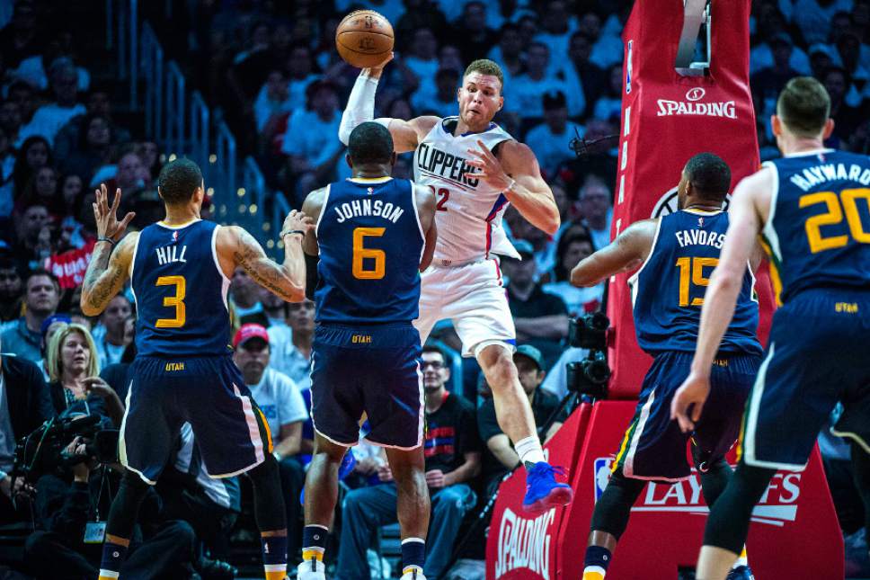 Chris Detrick  |  The Salt Lake Tribune
LA Clippers forward Blake Griffin (32) throws the ball into Utah Jazz forward Joe Johnson (6) during Game 1 of the Western Conference at the Staples Center Saturday, April 15, 2017.  Utah Jazz defeated LA Clippers 97-95.
