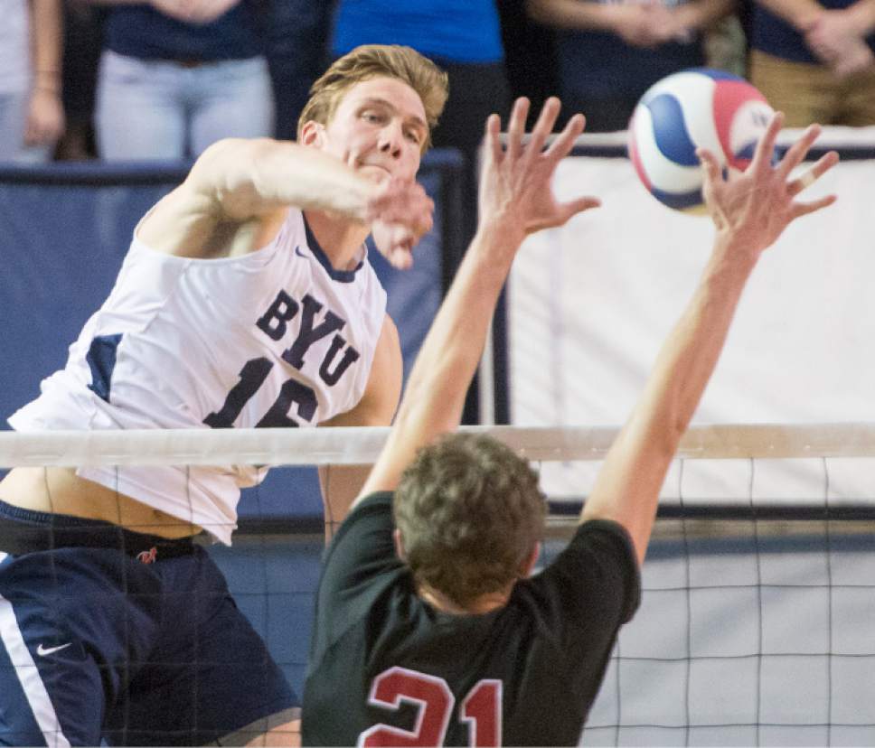 Rick Egan  |  The Salt Lake Tribune
BYU's Tim Dobbert, left, had such a good match against Colin McCall, bottom, and Stanford on Saturday that the Cougars were able to give junior All-American Ben Patch more time to rest his groin injury.