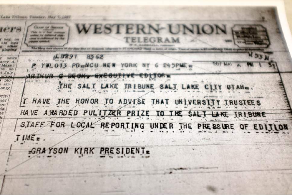 A copy of the 1957 Western-Union telegram notifying The Salt Lake Tribune that it had been "awarded a Pulitzer Prize for local reporting under the pressure of edition time." , Friday April 14, 2017.