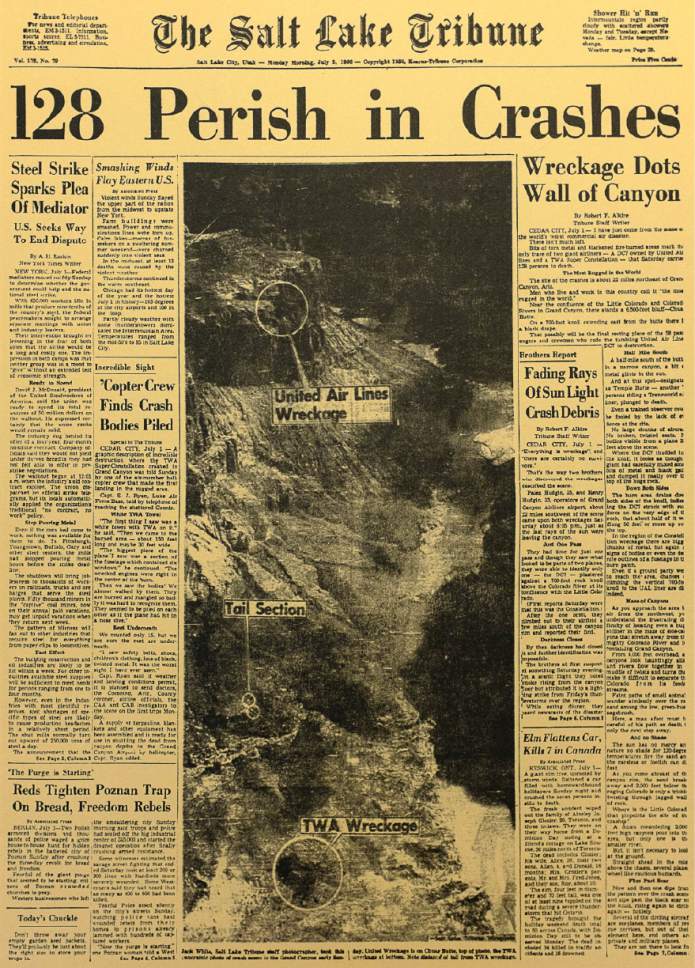 The July 2, 1956, front page of The Salt Lake Tribune, with its Pulitzer Prize-winning coverage of a commercial air disaster near the Grand Canyon.
