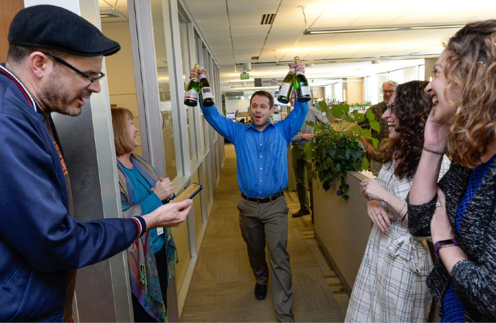 Francisco Kjolseth | The Salt Lake Tribune
Senior Managing Editor Matt Canham breaks out the sparkling wine as The Salt Lake Tribune wins its second Pulitzer Prize in its nearly 150-year history Monday, earning the nod in local reporting for its groundbreaking investigation of rape at Utah colleges.