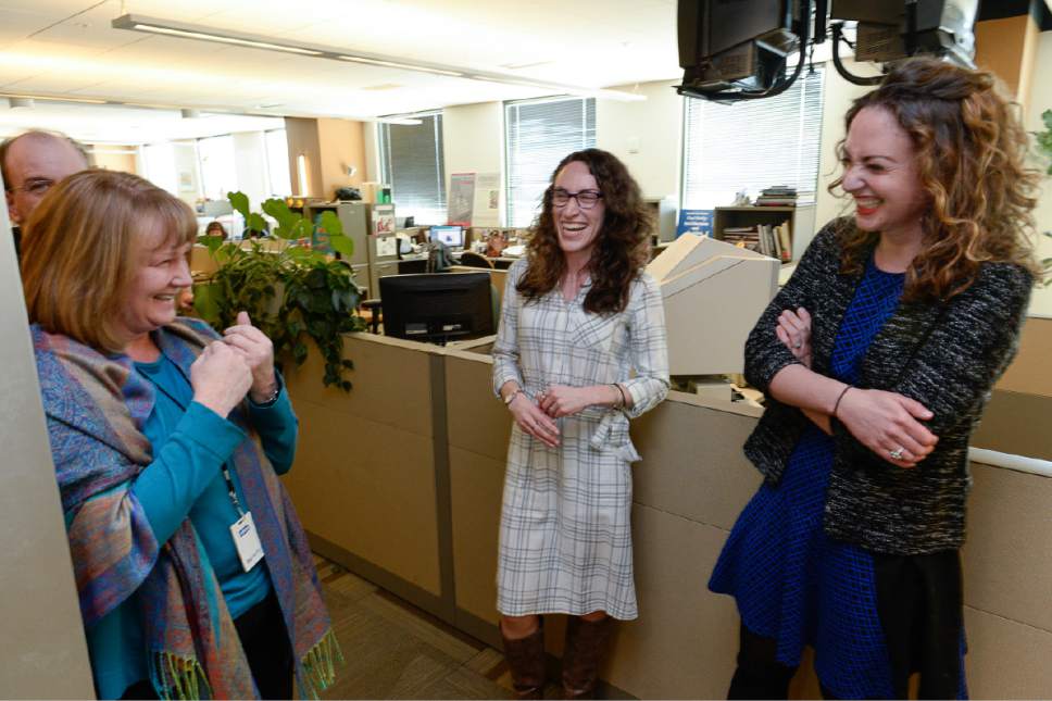 Francisco Kjolseth | The Salt Lake Tribune
Managing Editor Sheila McCann, left, celebrates with reporter Alex Stuckey, center, and digital editor Rachel Piper as The Salt Lake Tribune wins its second Pulitzer Prize in its nearly 150-year history Monday, earning the nod in local reporting for its groundbreaking investigation of rape at Utah colleges.