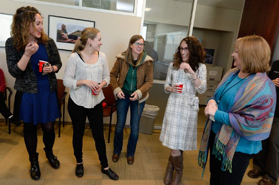 Francisco Kjolseth | The Salt Lake Tribune
Salt Lake Tribune digital editor Rachel Piper, left, reporters Jessica Miller, Erin Alberty, Alex Stuckey and Managing Editor Sheila McCann celebrate as The Salt Lake Tribune wins its second Pulitzer Prize in its nearly 150-year history Monday, earning the nod in local reporting for its groundbreaking investigation of rape at Utah colleges.