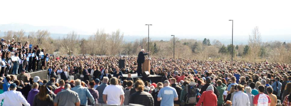 Rick Egan  |  The Salt Lake Tribune

Bernie Sanders speaks at "This is The Place State Park"  in Salt Lake City, Friday, March 18, 2016.