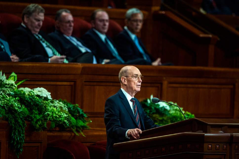 Chris Detrick  |  The Salt Lake Tribune
President Henry B. Eyring, First Counselor in the First Presidency, speaks during the afternoon session of the 187th Annual General Conference at the Conference Center in Salt Lake City Saturday, April 1, 2017.