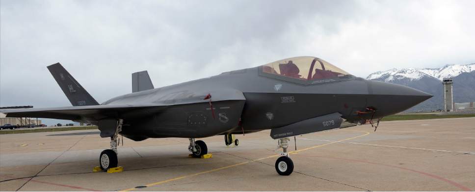 Al Hartmann  |  The Salt Lake Tribune
F-35 on tarmack at Hill Air Force Base Monday April 17. This weekend they sent F-35's to the Royal Air Force Lakenheath in England to participate in training sessions, the first time F-35s have flown to Europe for training.