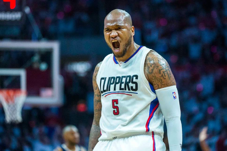Chris Detrick  |  The Salt Lake Tribune
LA Clippers center Marreese Speights (5) yells during Game 1 of the Western Conference at the Staples Center Saturday, April 15, 2017.  Utah Jazz defeated LA Clippers 97-95.