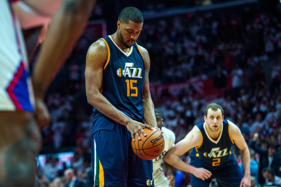 Chris Detrick  |  The Salt Lake Tribune
Utah Jazz forward Derrick Favors (15) shoots a free throw during Game 1 of the Western Conference at the Staples Center Saturday, April 15, 2017.  Utah Jazz defeated LA Clippers 97-95.