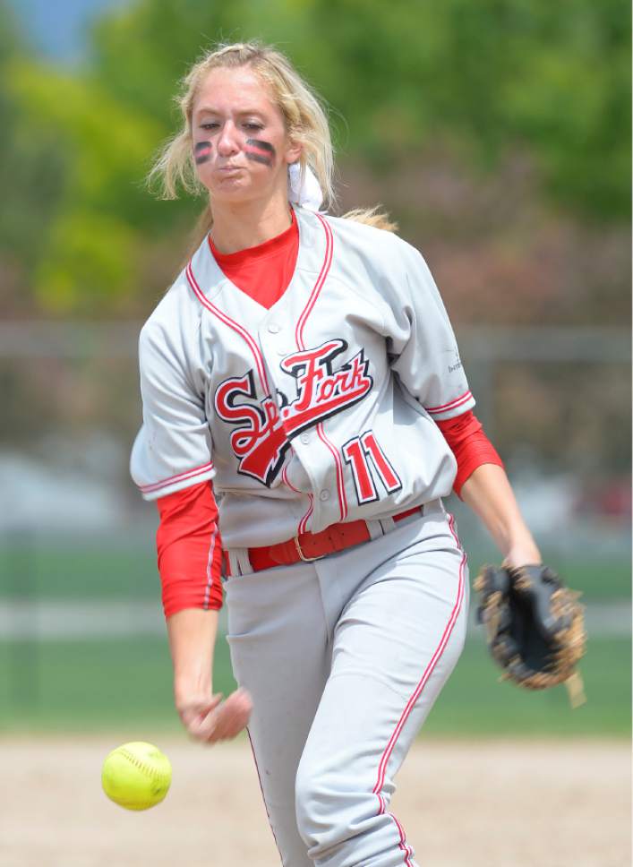 Leah Hogsten  |  The Salt Lake Tribune
Spanish Fork pitcher Cambrie Hazel. Spanish Fork High School girls softball team defeated Springville High School 7-1 during their 4A state semifinal game Thursday, May 21, 2015 at the Taylorsville Valley Softball Complex.