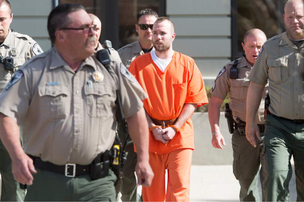 Rick Egan  |  The Salt Lake Tribune

Dereck James "DJ" Harrison leaves Wyoming's 3rd District Court in Kemmerer, escorted by 6 members of the Lincoln County Sheriff's Department. Harrison pleaded guilty to two of the counts, murder in the first degree while perpetrating a kidnapping and kidnapping of Kay Porter Ricks. Monday, April 17, 2017.