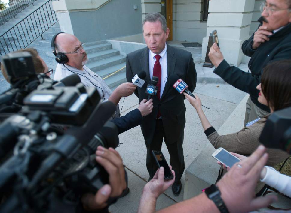 Rick Egan  |  The Salt Lake Tribune

Ricks family spokesman Richard Massey talks to reporters outside the Wyoming's 3rd District Court in Kemmerer, after Dereck James "DJ" Harrison pleaded guilty to murder in the first degree while perpetrating a kidnapping and the kidnapping of Kay Porter Ricks. Monday, April 17, 2017.
