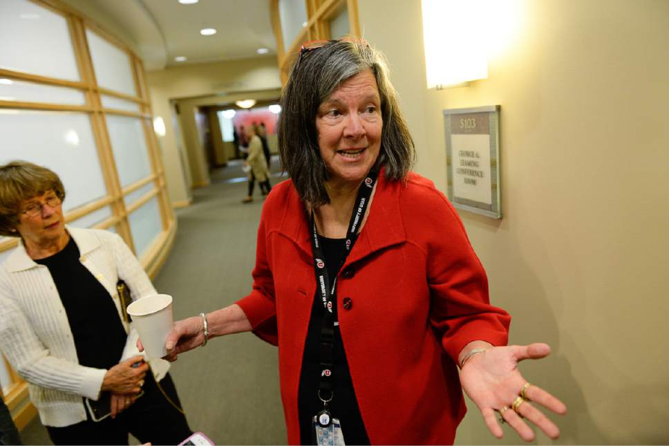 Francisco Kjolseth | The Salt Lake Tribune
Karen Huntsman, left, joins Mary Beckerle, acclaimed researcher at Hunstman Cancer Institute after she was unexpectedly fired from her post as CEO and director of the Institute. In an email sent Monday afternoon, Vivian Lee, senior Vice President of Health Sciences at the University of Utah announced the departure with no reason given.
