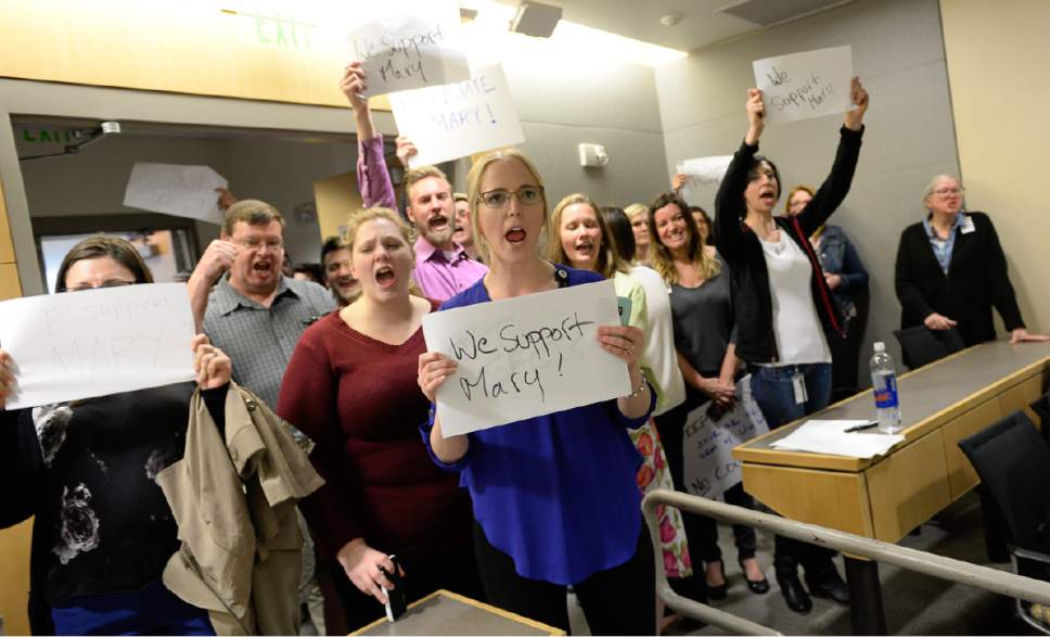 Francisco Kjolseth | The Salt Lake Tribune
Expressing their displeasure, supporters of Mary Beckerle, acclaimed researcher at Hunstman Cancer Institute react to the news that she was fired from her post as CEO and director of the Institute. In an email sent Monday afternoon, Vivian Lee, senior Vice President of Health Sciences at the University of Utah announced the departure without reason.