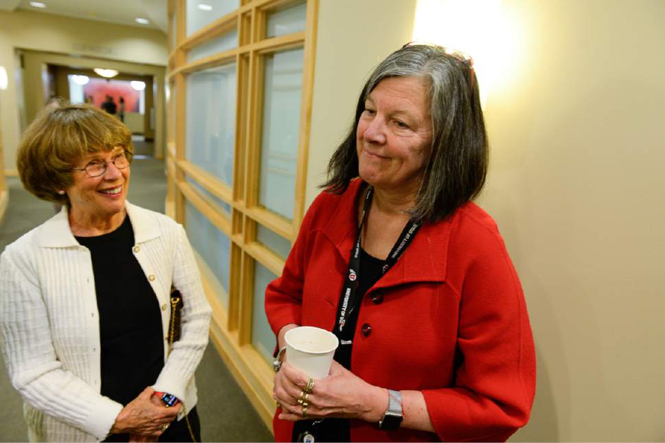 Francisco Kjolseth | The Salt Lake Tribune
Karen Huntsman, left, joins Mary Beckerle, acclaimed researcher at Hunstman Cancer Institute after she was unexpectedly fired from her post as CEO and director of the Institute. In an email sent Monday afternoon, Vivian Lee, senior Vice President of Health Sciences at the University of Utah announced the departure with no given reason.
