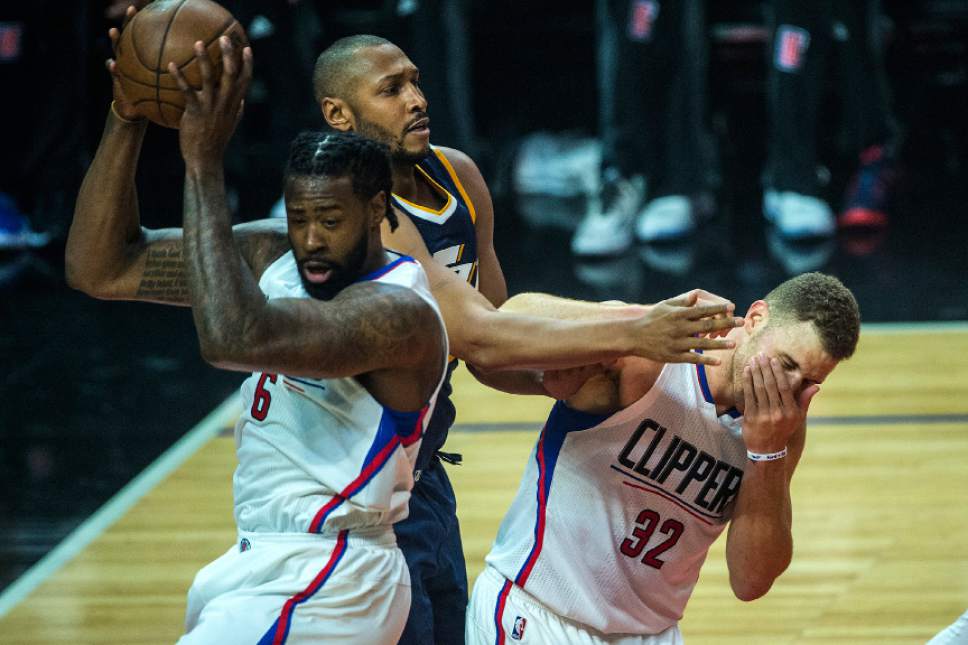 Chris Detrick  |  The Salt Lake Tribune
LA Clippers center DeAndre Jordan (6) Utah Jazz center Boris Diaw (33) and LA Clippers forward Blake Griffin (32) go for a rebound during Game 2 of the Western Conference at the Staples Center Tuesday, April 18, 2017.