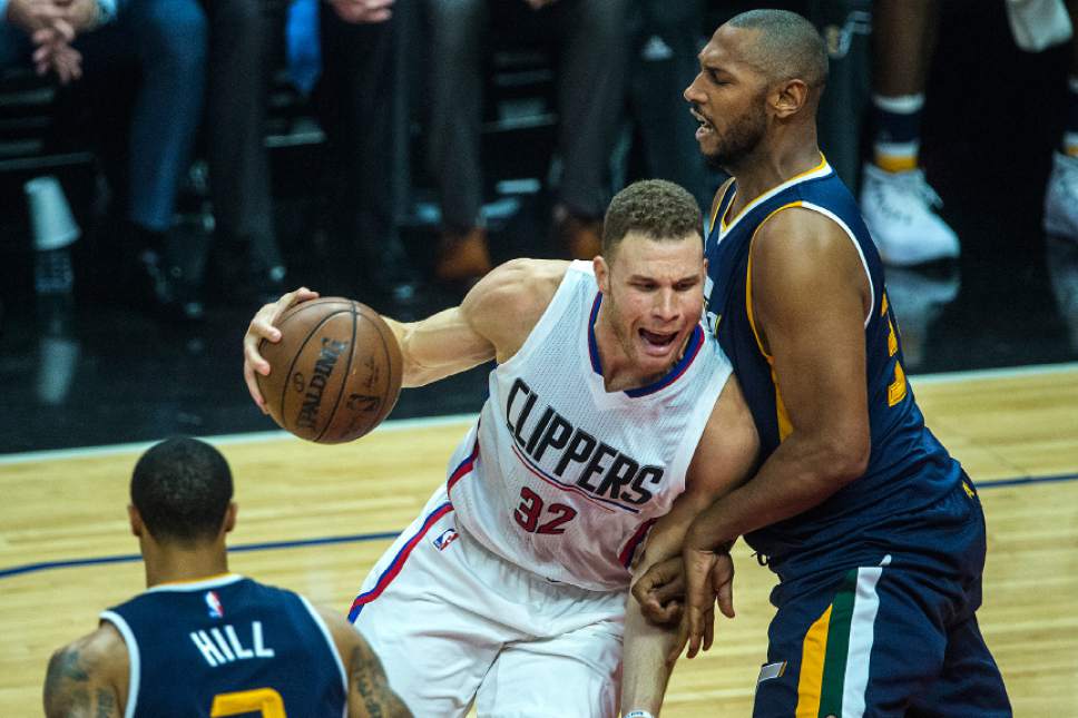 Chris Detrick  |  The Salt Lake Tribune
Utah Jazz center Boris Diaw (33) guards LA Clippers forward Blake Griffin (32) during Game 2 of the Western Conference at the Staples Center Tuesday, April 18, 2017.