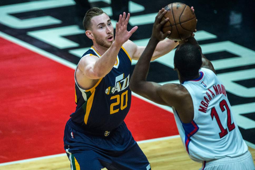 Chris Detrick  |  The Salt Lake Tribune
Utah Jazz forward Gordon Hayward (20) guards LA Clippers forward Luc Mbah a Moute (12) during Game 2 of the Western Conference at the Staples Center Tuesday, April 18, 2017.