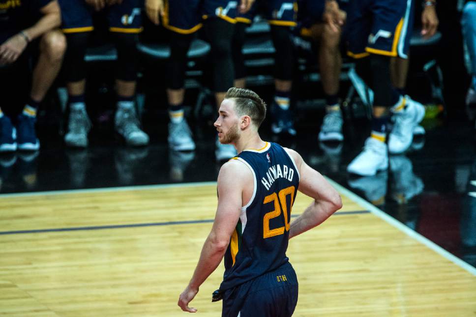 Chris Detrick  |  The Salt Lake Tribune
Utah Jazz forward Gordon Hayward (20) walks off of the court after Game 2 of the Western Conference at the Staples Center Tuesday, April 18, 2017.  LA Clippers defeated Utah Jazz 99-91.
