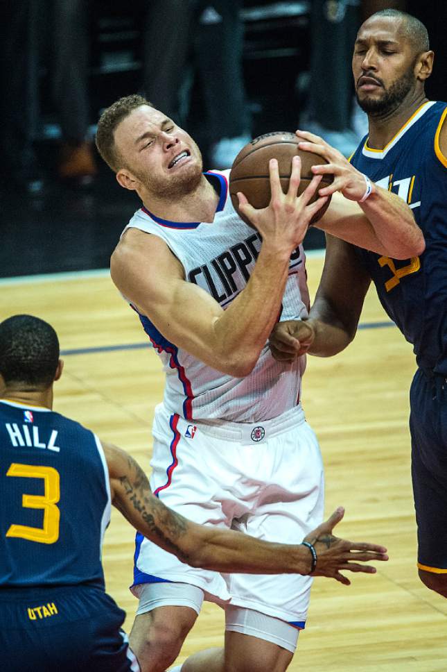 Chris Detrick  |  The Salt Lake Tribune
Utah Jazz guard George Hill (3) and Utah Jazz center Boris Diaw (33) guard LA Clippers forward Blake Griffin (32) during Game 2 of the Western Conference at the Staples Center Tuesday, April 18, 2017.