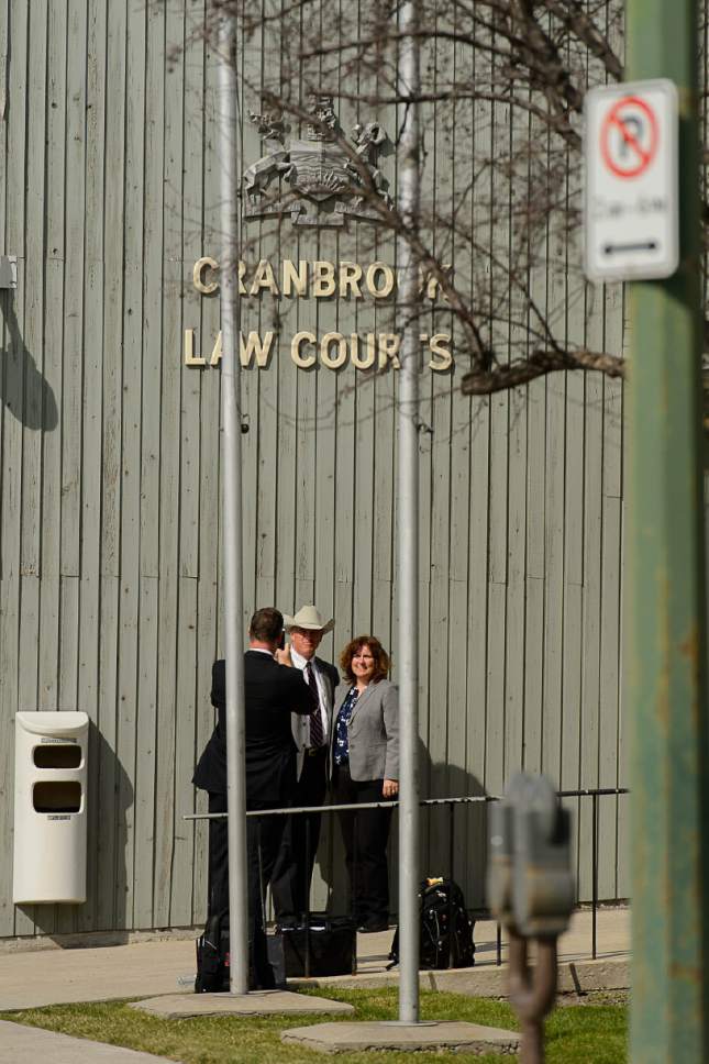 Trent Nelson  |  The Salt Lake Tribune
Texas Ranger Nick Hanna poses for a souvenir photo with RCMP Constable Shelley Livingstone at the courthouse in Cranbrook, B.C., Wednesday April 19, 2017. Blackmore and co-defendant James Oler are the first fundamentalist Mormons to be tried for polygamy in Canada.