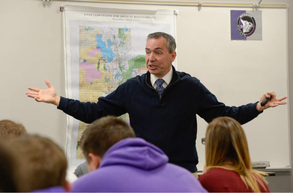 Francisco Kjolseth |  Tribune file photo
Students at Riverton High School get a firsthand lesson in the legislative process as State Rep. Dan McCay steps in to teach Cliff Streiby's U.S. Government class.
