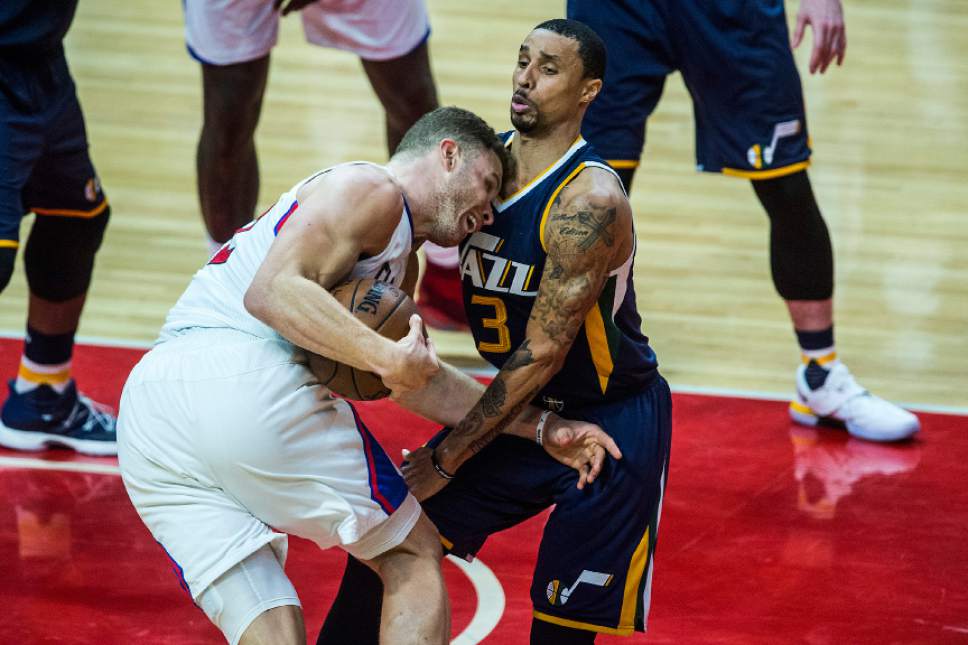 Chris Detrick  |  The Salt Lake Tribune
LA Clippers forward Blake Griffin (32) and Utah Jazz guard George Hill (3) during Game 2 of the Western Conference at the Staples Center Tuesday, April 18, 2017.  LA Clippers defeated Utah Jazz 99-91.