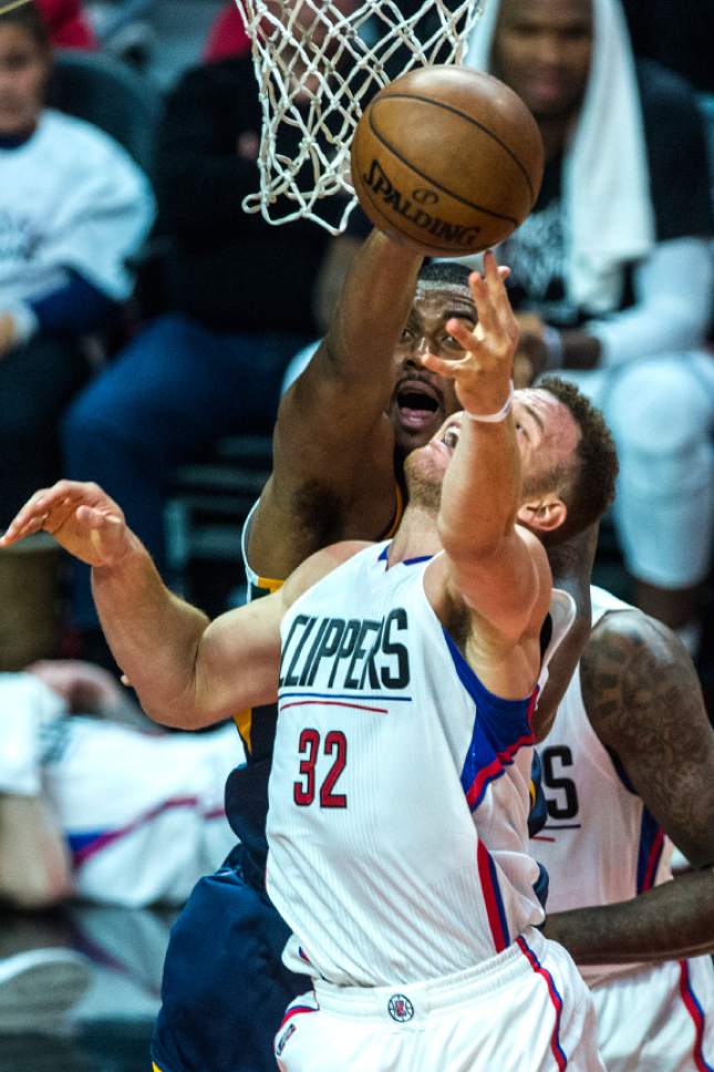Chris Detrick  |  The Salt Lake Tribune
Utah Jazz forward Derrick Favors (15) guards LA Clippers forward Blake Griffin (32) during Game 2 of the Western Conference at the Staples Center Tuesday, April 18, 2017.  LA Clippers defeated Utah Jazz 99-91.
