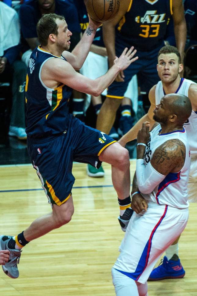 Chris Detrick  |  The Salt Lake Tribune
Utah Jazz forward Joe Ingles (2) shoots over LA Clippers center Marreese Speights (5) during Game 2 of the Western Conference at the Staples Center Tuesday, April 18, 2017.  LA Clippers defeated Utah Jazz 99-91.