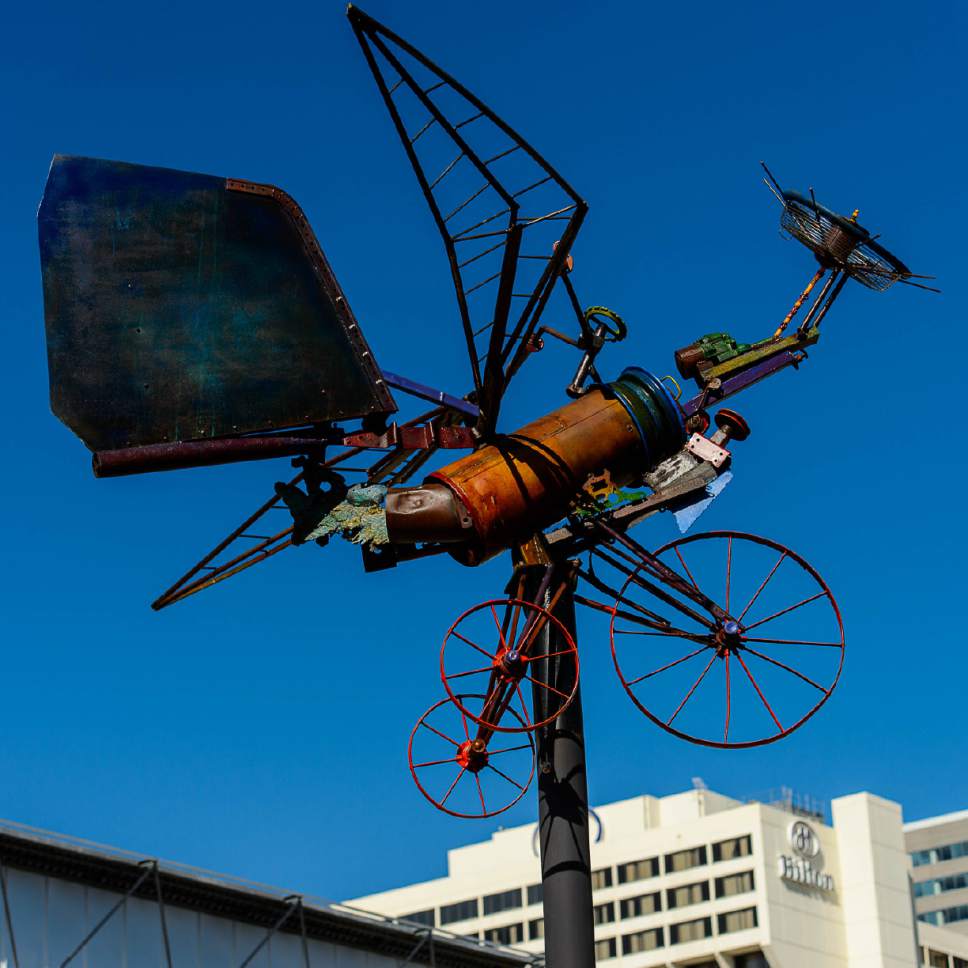 Trent Nelson  |  The Salt Lake Tribune
The Salt Lake City Public Art Program spent the day installing the permanent Flying Objects public art sculpture series along 300 South in downtown Salt Lake City, Saturday April 15, 2017.