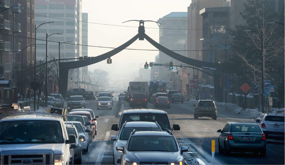 Scott Sommerdorf  |  The Salt Lake Tribune  
State Street in downtown Salt Lake City is partially obscured on Thursday by an inversion blanketing the Salt Lake Valley.