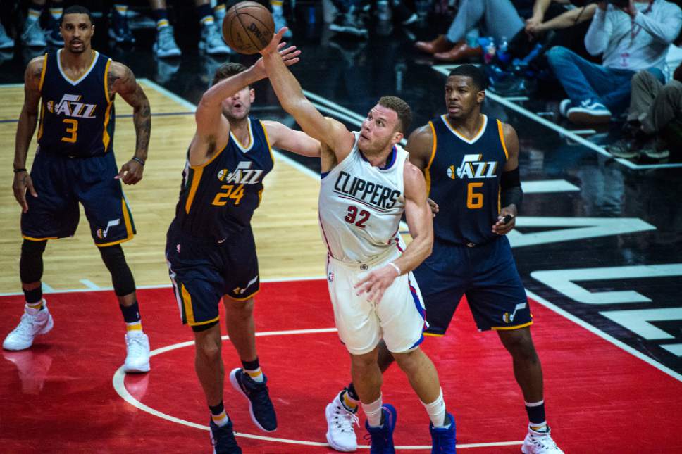 Chris Detrick  |  The Salt Lake Tribune
Utah Jazz center Jeff Withey (24) LA Clippers forward Blake Griffin (32) and Utah Jazz forward Joe Johnson (6) go for a rebound during Game 2 of the Western Conference at the Staples Center Tuesday, April 18, 2017.