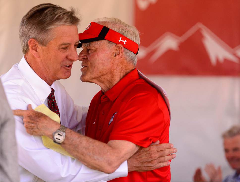 Trent Nelson  |  The Salt Lake Tribune
University of Utah Director of Athletics Chris Hill embraces Spence Eccles at the groundbreaking for the school's new ski team building, Wednesday June 22, 2016. The lead donor of the project is Eccles, who was a ski team standout himself back in the 1960s.