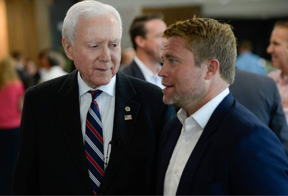 Francisco Kjolseth | The Salt Lake Tribune
Operation Underground Railroad founder Tim Ballard is joined by Utah Senator Orrin Hatch at a gathering in Lehi on Wednesday to discuss child sex trafficking and legislation aimed at cracking down on it.