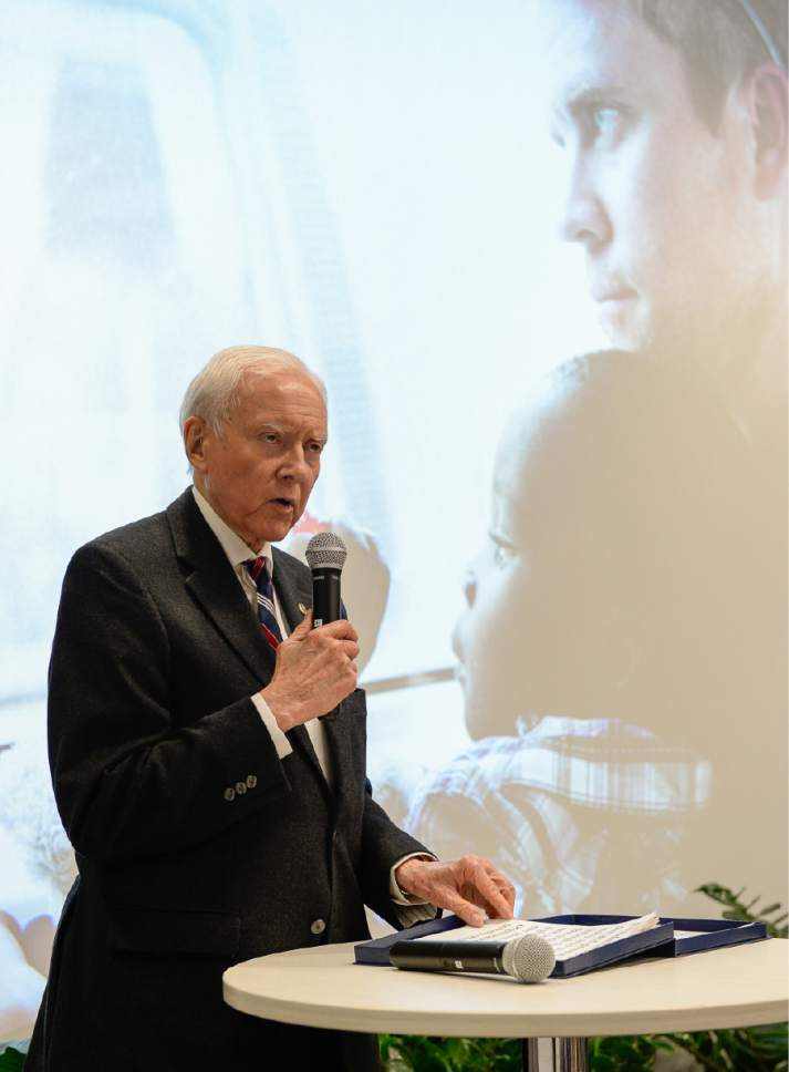 Francisco Kjolseth | The Salt Lake Tribune
Utah Senator Orrin Hatch speaks about child sex trafficking and legislation aimed at cracking down on it at Younique, a cosmetic company in Lehi who's foundation provides services for women who are survivors of sexual abuse. Pictured on the screen is Operation Underground Railroad, O.U.R. founder Tim Ballard.