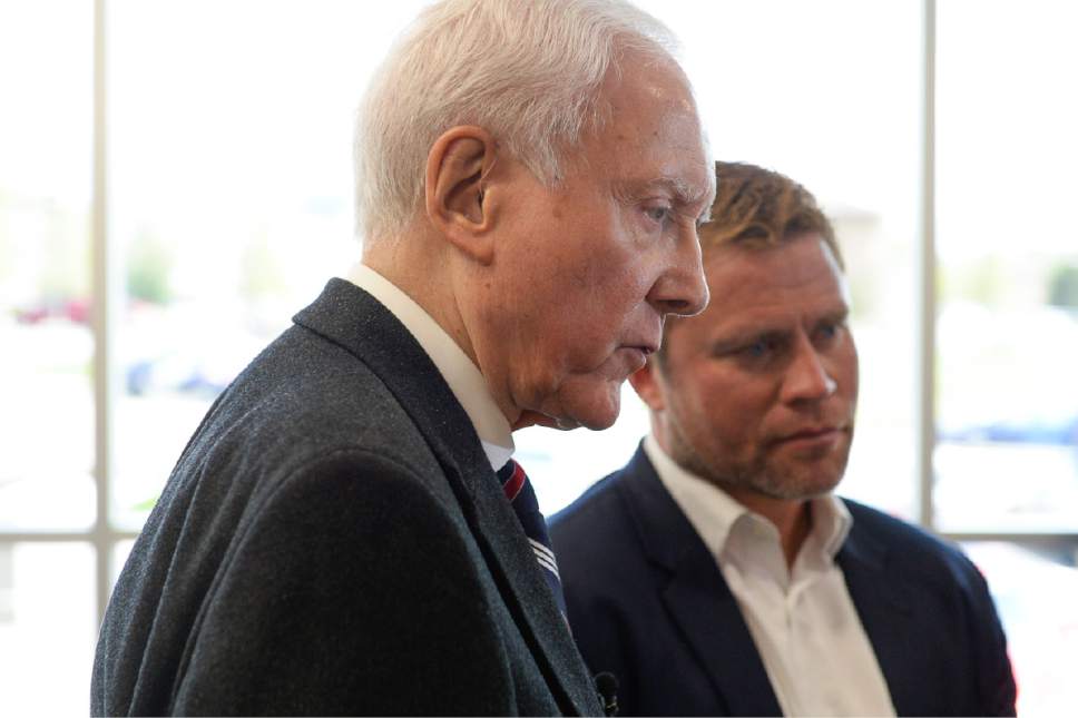 Francisco Kjolseth | The Salt Lake Tribune
Operation Underground Railroad, O.U.R. founder Tim Ballard is joined by Utah Senator Orrin Hatch on Wed. April 19, 2017, as they gather to talk about child sex trafficking and legislation aimed at cracking down on it at Younique, a cosmetic company in Lehi who's foundation provides services for women who are survivors of sexual abuse.
