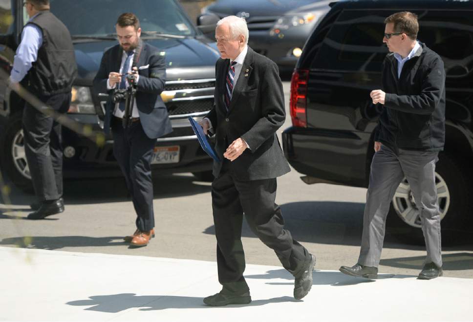 Francisco Kjolseth | The Salt Lake Tribune
Utah Senator Orrin Hatch arrives for a discussion on child sex trafficking and legislation aimed at cracking down on it at Younique, a cosmetic company in Lehi who's foundation provides services for women who are survivors of sexual abuse.