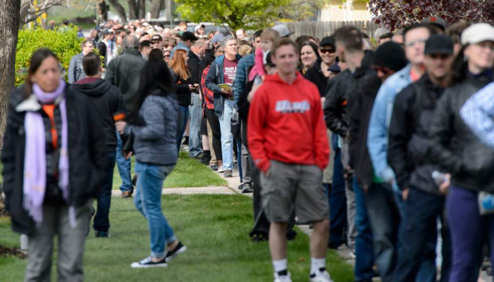 Steve Griffin  |  The Salt Lake Tribune
People line up by the hundreds to get on to the "Come Together and Fight Back" featuring Bernie Sanders and Tom Perez at the Rail Center in Salt Lake City Friday April 21, 2017.