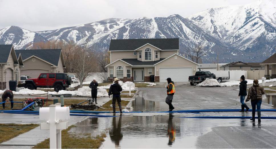 Al Hartmann  |  The Salt Lake Tribune
Residents of neighborhood near 125 North 1650 West in Tremonton pump standing water away from their homes into the street and a nearby retention pond Monday Feb. 20 before the next storm drops more rain.  Wellsville Mountain in the distance still hold much of the winter's snow. Parts of Box Elder County have seen surface flooding from the rapid snow melt and rain over the weekend.  Luckily these homes do not have basements but water rose nearly to the front doors of some homes.  Main Street in Tremonton from 1000 to 2000 West was closed last night to pump out the area.