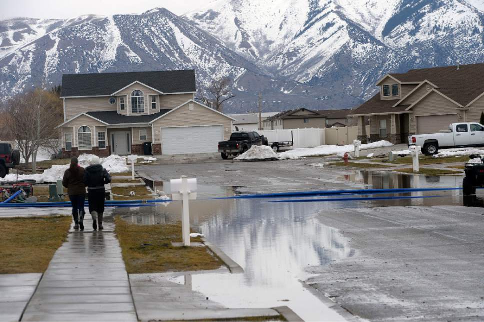 Al Hartmann  |  The Salt Lake Tribune
Residents of neighborhood near 125 North 1650 West in Tremonton pump standing water away from their homes into the street and a nearby retention pond Monday Feb. 20 before the next storm drops more rain.  Wellsville Mountain in the distance still hold much of the winter's snow. Parts of Box Elder County have seen surface flooding from the rapid snow melt and rain over the weekend.  Luckily these homes do not have basements but water rose nearly to the front doors of some homes.  Main Street in Tremonton from 1000 to 2000 West was closed last night to pump out the area.