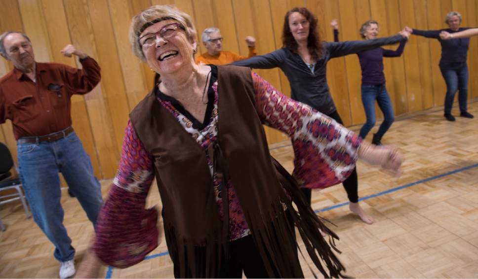 Leah Hogsten  |  The Salt Lake Tribune 
Patti Allen performs during a dress rehearsal Thursday, April 20, 2017, at the 10th East Senior Center for a Saturday, April 22 dance performance, "That 70's Show" by Grey Matters Dance for Parkinson's - Utah. The Grey Matters program is a way for participants to use dance and creativity to alleviate the physical, social, emotional and cognitive symptoms of the disease.