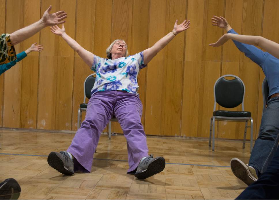 Leah Hogsten  |  The Salt Lake Tribune 
Maren Hegsted  performs during a dress rehearsal Thursday, April 20, 2017, at the 10th East Senior Center for a Saturday, April 22 dance performance, "That 70's Show" by Grey Matters Dance for Parkinson's - Utah. The Grey Matters program is a way for participants to use dance and creativity to alleviate the physical, social, emotional and cognitive symptoms of the disease.