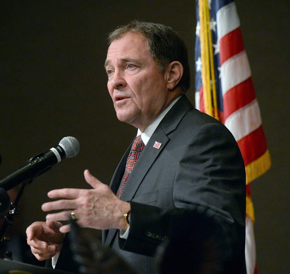 Al Hartmann  |  The Salt Lake Tribune
Gov. Gary Herbert speaks to students at Oquirrh Hills Middle School in Riverton Wednesday March 29 where he signed a series of education bills passed by this year's legislative session.
