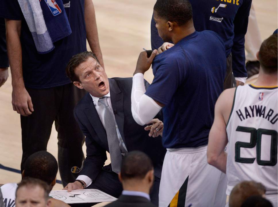 Scott Sommerdorf | The Salt Lake Tribune
Utah Jazz head coach Quin Snyder barks instructions to his team during a first half time out as Utah took a 58-49 lead at the half of Game 3 of the Western Conference playoff series, Friday, April 21, 2017.