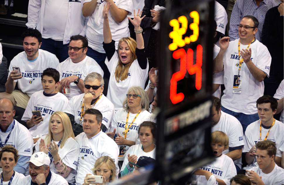 Scott Sommerdorf | The Salt Lake Tribune
Jazz fans react to a made free throw during first half play. Utah took a 58-49 lead at the half of Game 3 of the Western Conference playoff series, Friday, April 21, 2017.
