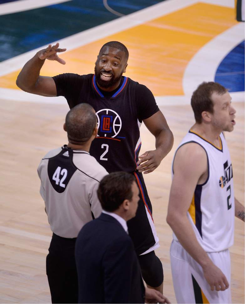 Scott Sommerdorf | The Salt Lake Tribune
LA Clippers guard Raymond Felton (2) complains to a referee about a foul call during first half play. Utah took a 58-49 lead at the half of Game 3 of the Western Conference playoff series, Friday, April 21, 2017.