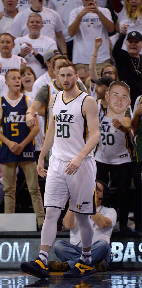 Leah Hogsten  |  The Salt Lake Tribune 
Utah Jazz forward Gordon Hayward (20) reacts to his dunk over Clippers center DeAndre Jordan (6). The Utah Jazz lead the Los Angeles Clippers after the third quarter during Game 3 of their first-round Western Conference playoff series at Vivint Smart Home Arena, Friday, April 21, 2017.