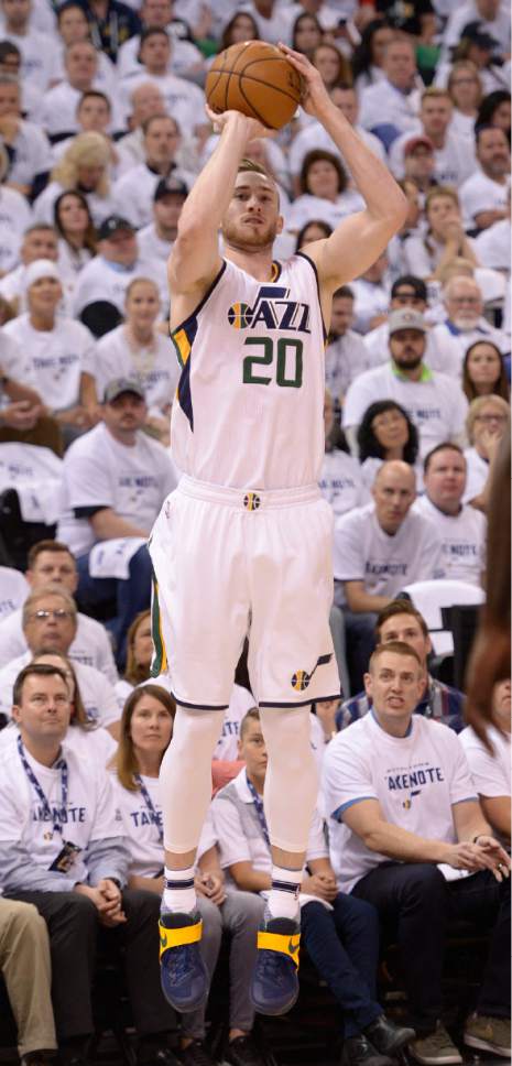 Leah Hogsten  |  The Salt Lake Tribune 
Utah Jazz forward Gordon Hayward (20) fires off a 3-pointer. The Utah Jazz lead the Los Angeles Clippers after the first quarter during Game 3 of their first-round Western Conference playoff series at Vivint Smart Home Arena, Friday, April 21, 2017.