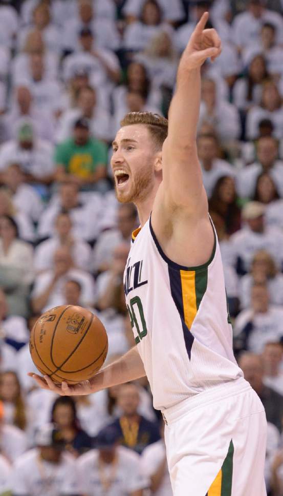 Leah Hogsten  |  The Salt Lake Tribune 
Utah Jazz forward Gordon Hayward (20) calls the play. The Utah Jazz lead the Los Angeles Clippers after the first quarter during Game 3 of their first-round Western Conference playoff series at Vivint Smart Home Arena, Friday, April 21, 2017.