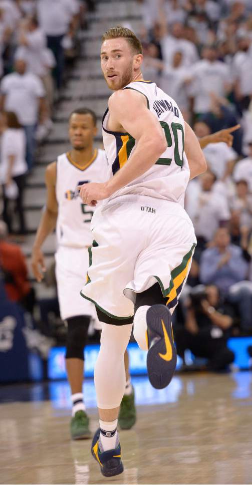 Leah Hogsten  |  The Salt Lake Tribune 
Utah Jazz forward Gordon Hayward (20) looks back after sinking a 3-pointer. The Utah Jazz lead the Los Angeles Clippers after the first quarter during Game 3 of their first-round Western Conference playoff series at Vivint Smart Home Arena, Friday, April 21, 2017.